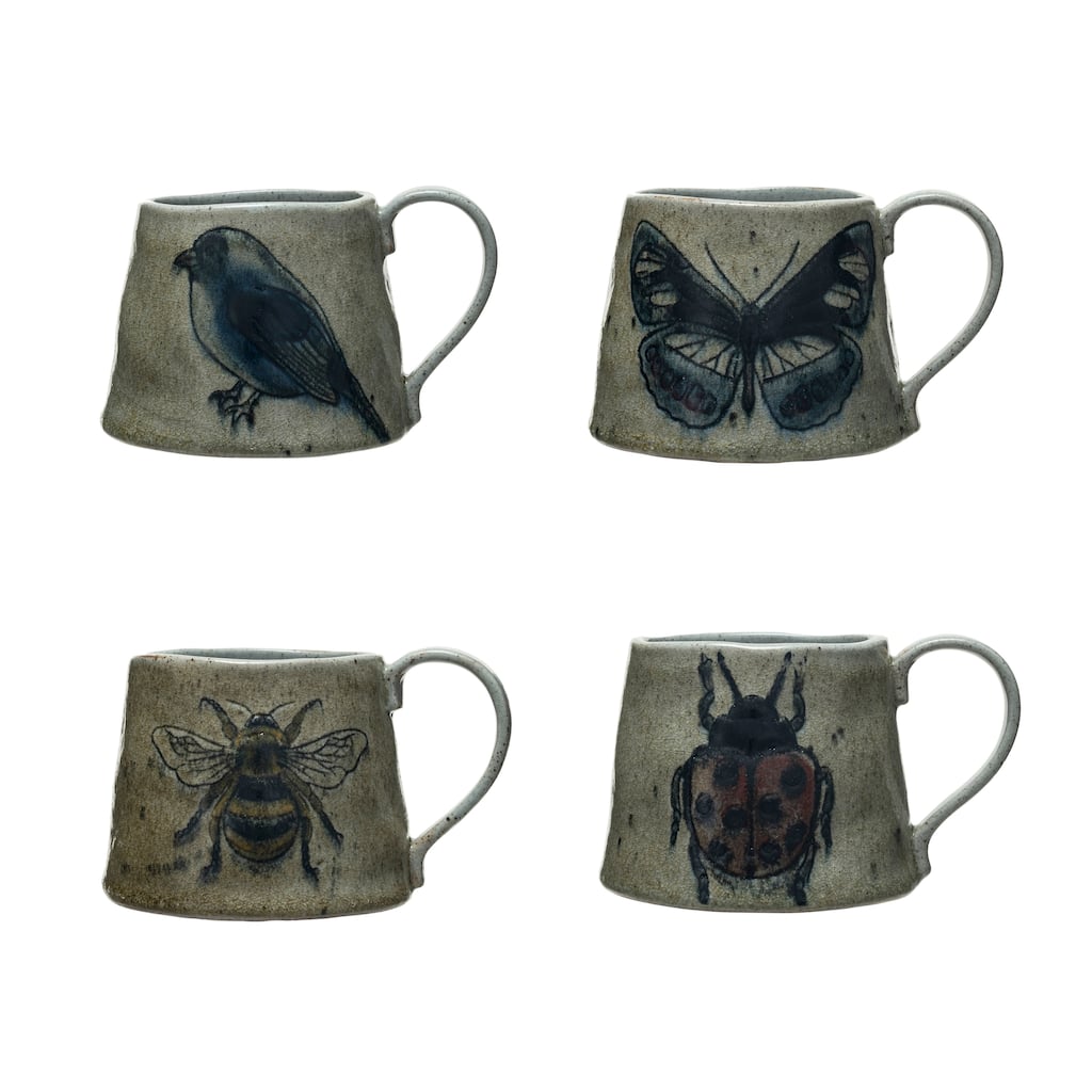 Stoneware Mug Set with Insect and Bird Designs - 5.8"L x 4.0"W x 3.6"H
