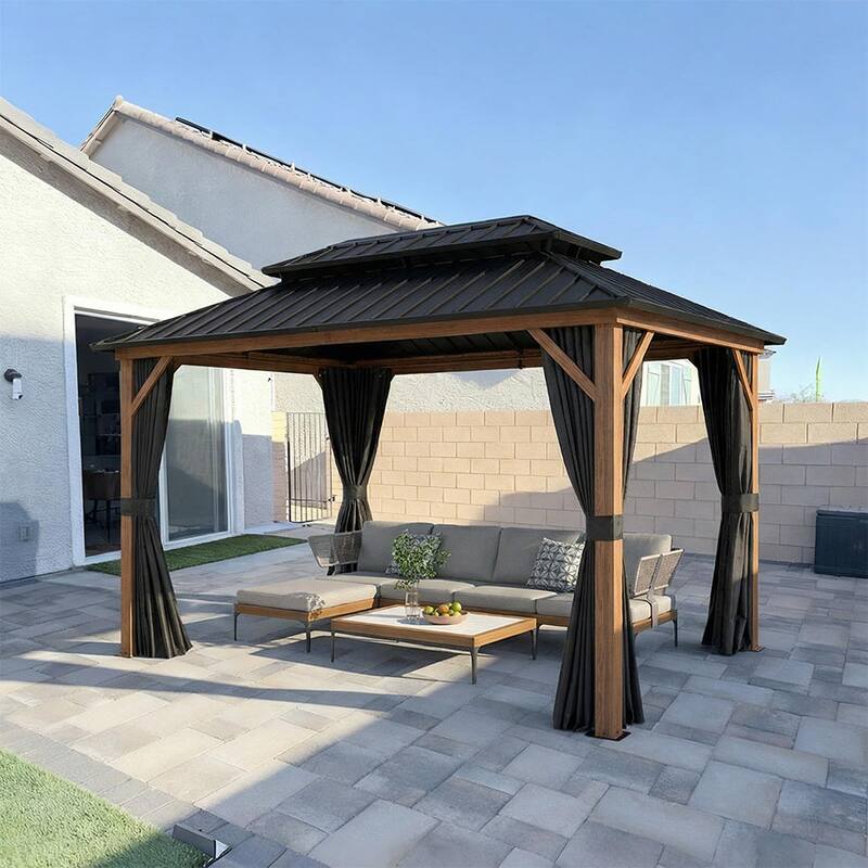 PURPLE LEAF Patio Hardtop Gazebo for Outdoor Wood Grain Aluminum Frame Galvanized Steel Double Roof and Backyard Garden