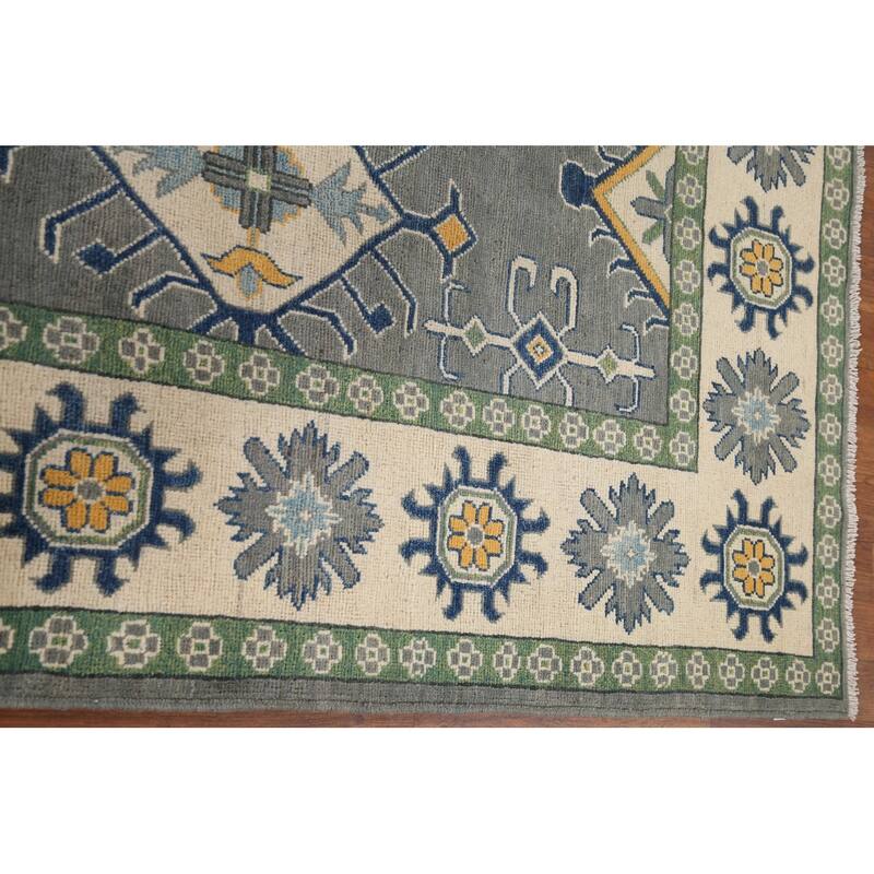 Hand Knotted Oriental 100% Wool Carpet Traditional Geometric Greys & Charcoal Kazak Area Rug - 9' 10'' X 6' 8''