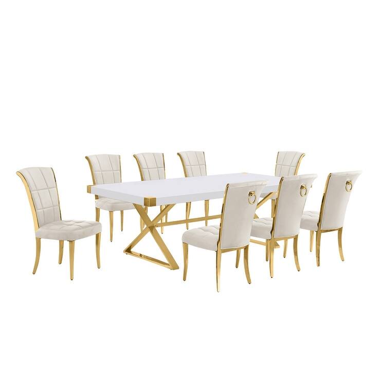 Best Quality Furniture D442/3-SC320-7 Dining Set with 94" White Lacquer Wood Top