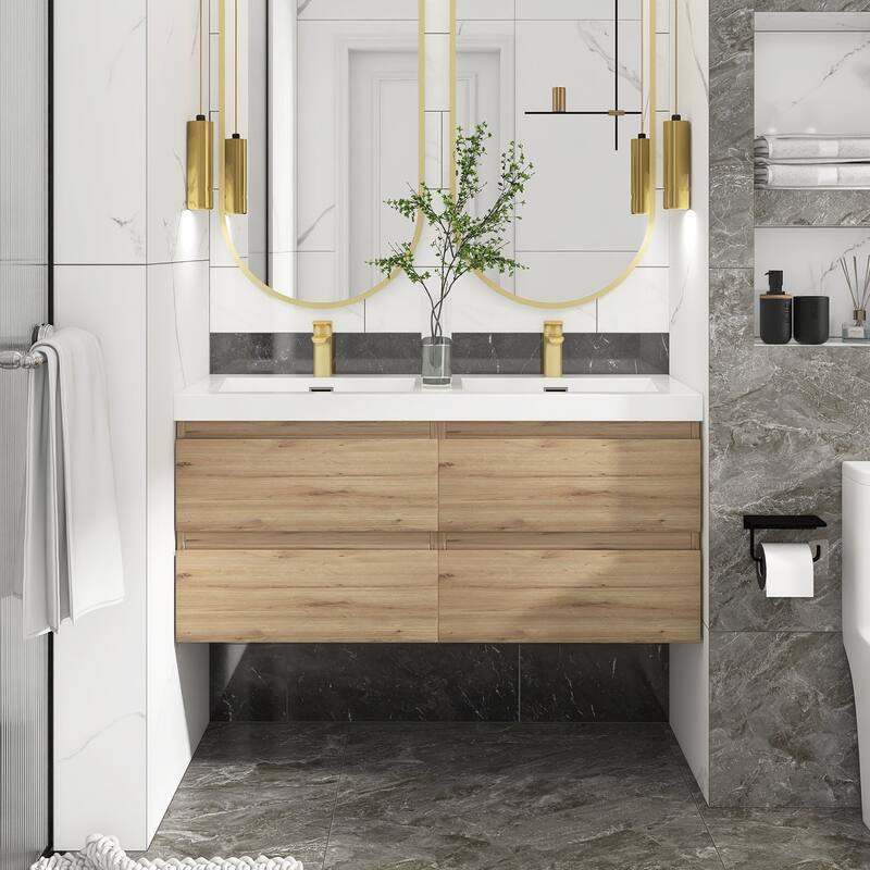 MDF Wall-Mounted Bathroom Vanity Set in Oak with Integrated Culture Marble Sink