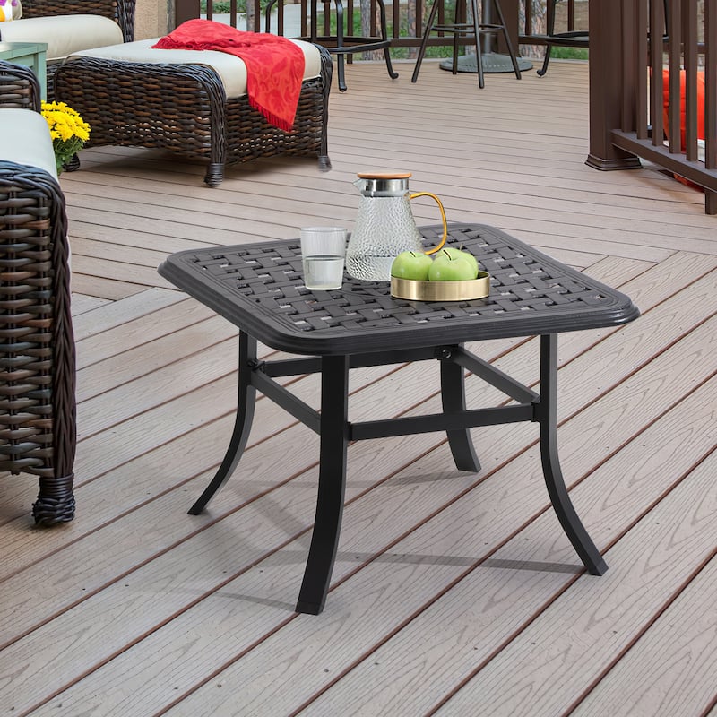 Cast Aluminum Patio Side Table Outdoor Square Table with Umbrella Hole - 24.02" L x 24.02" W x 17.52" H