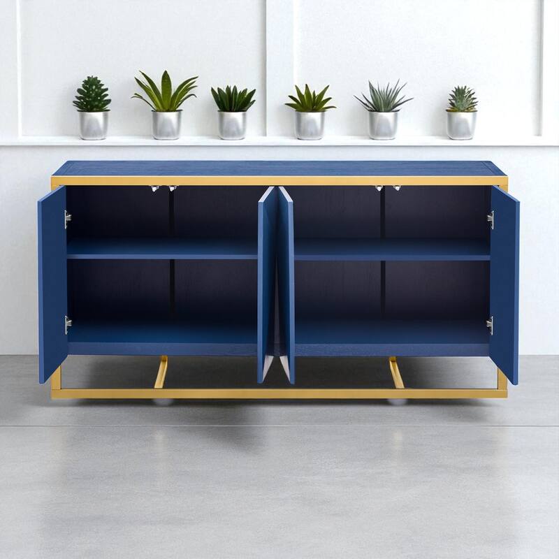 Modern Mahogany Veneer Sideboard Cabinet with Metal Legs and Irregular Doors for Entryway or Foyer