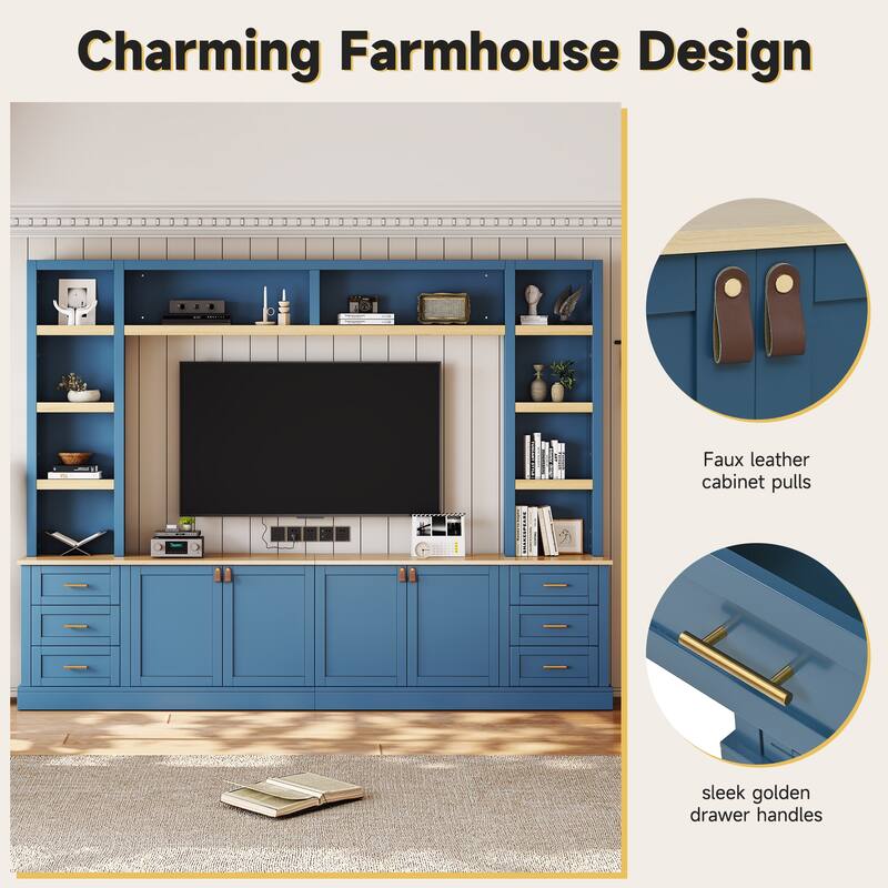 102.3" Farmhouse TV Stand with 6 Drawers & Adjustable Shelves - Entertainment Center for 75" TVs with Bookshelves