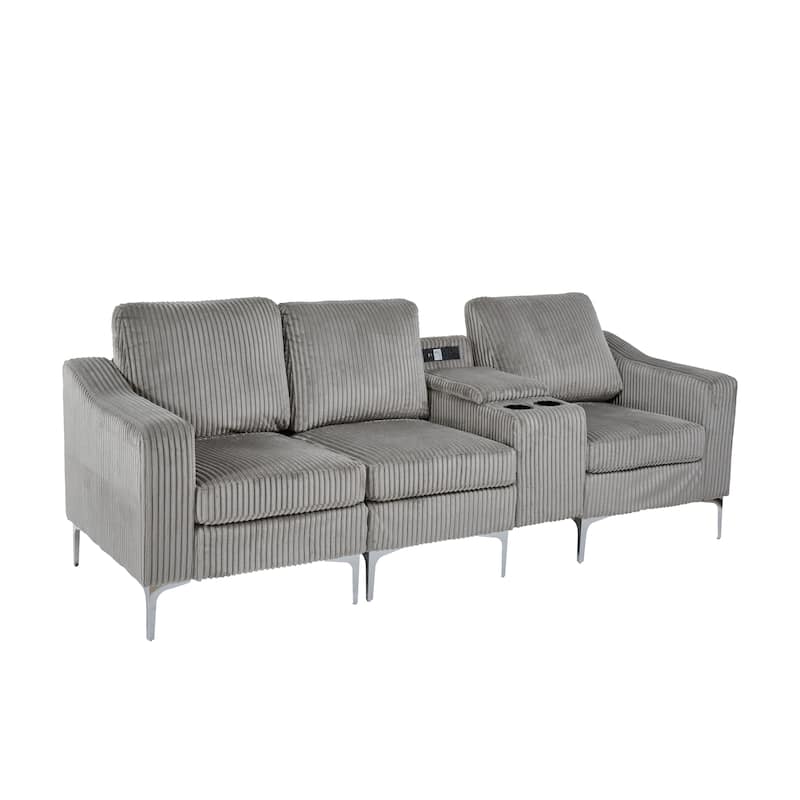 Modern 3-Seat Modular Corduroy Sectional Sofa with USB Ports and Cup Holders for Living Room Apartment