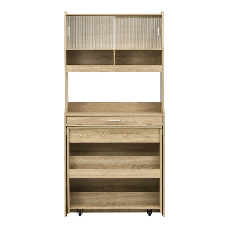 Compact Dining Table with Hutch and Foldable Buffet, Storage Shelf & Side Hooks