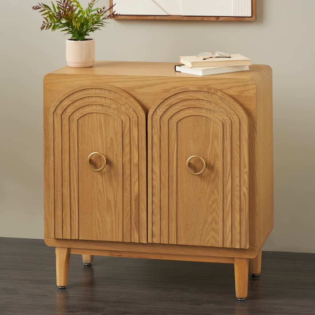 Brown Wooden Art Deco Inspired Carved Arch 2 Door Geometric Cabinet with Gold Ring Handles