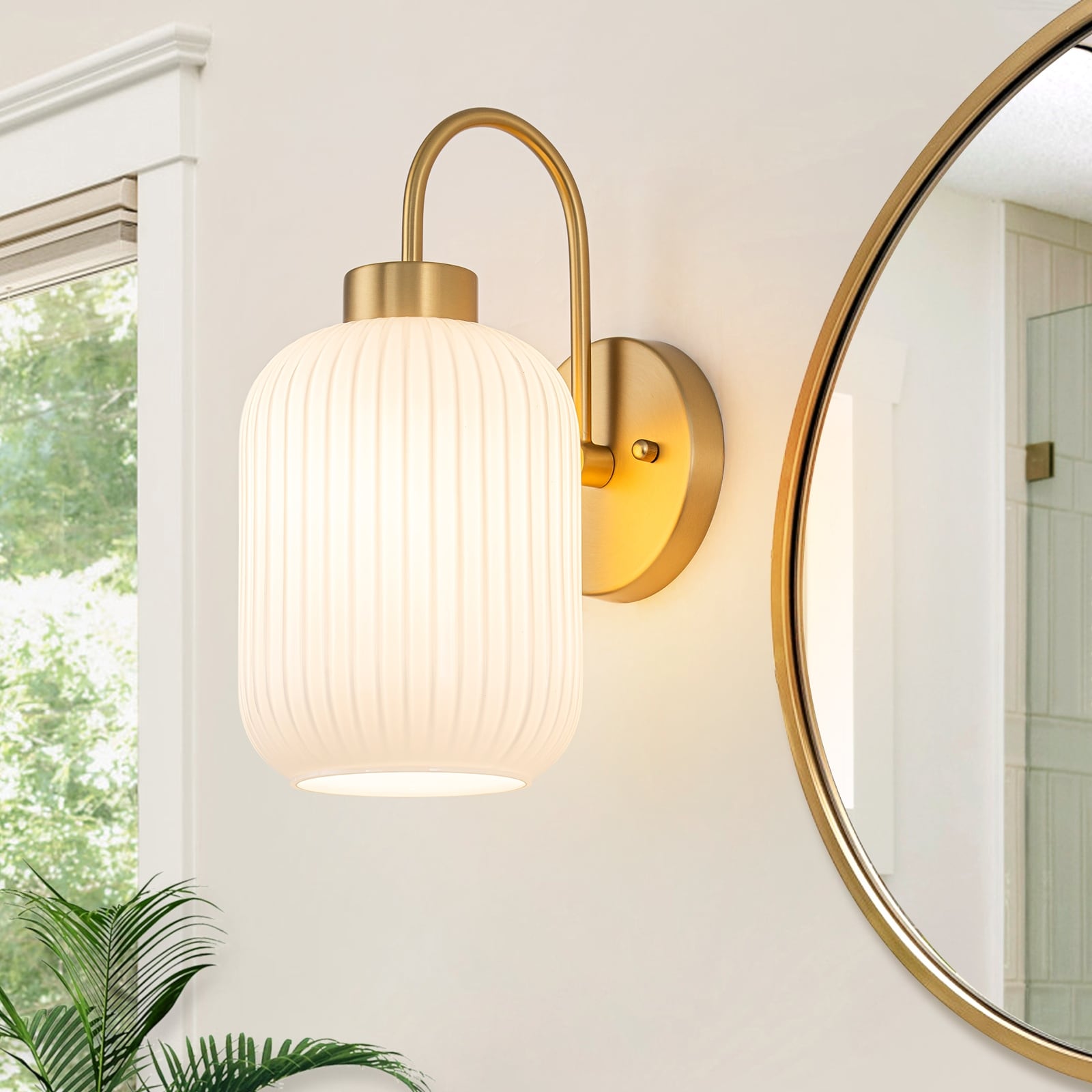 1-Light Mid-Century Modern Gold Wall Sconce with Opal Glass Shade