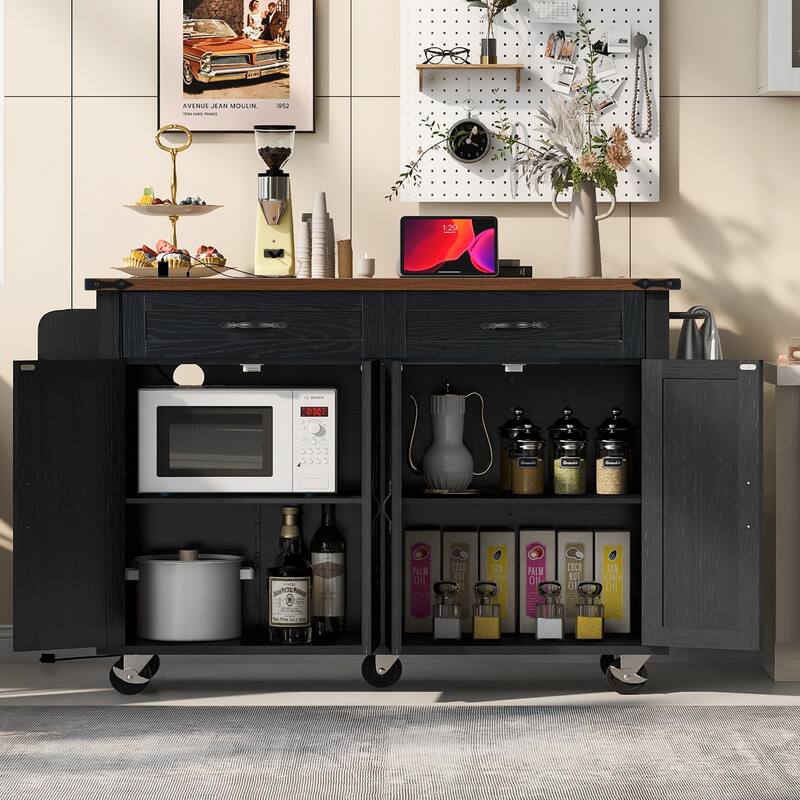 Portable Storage Kitchen Island with Drop Leaf, Rolling Black Kitchen Cart with Adjustable Shelves and Spice Rack - Black