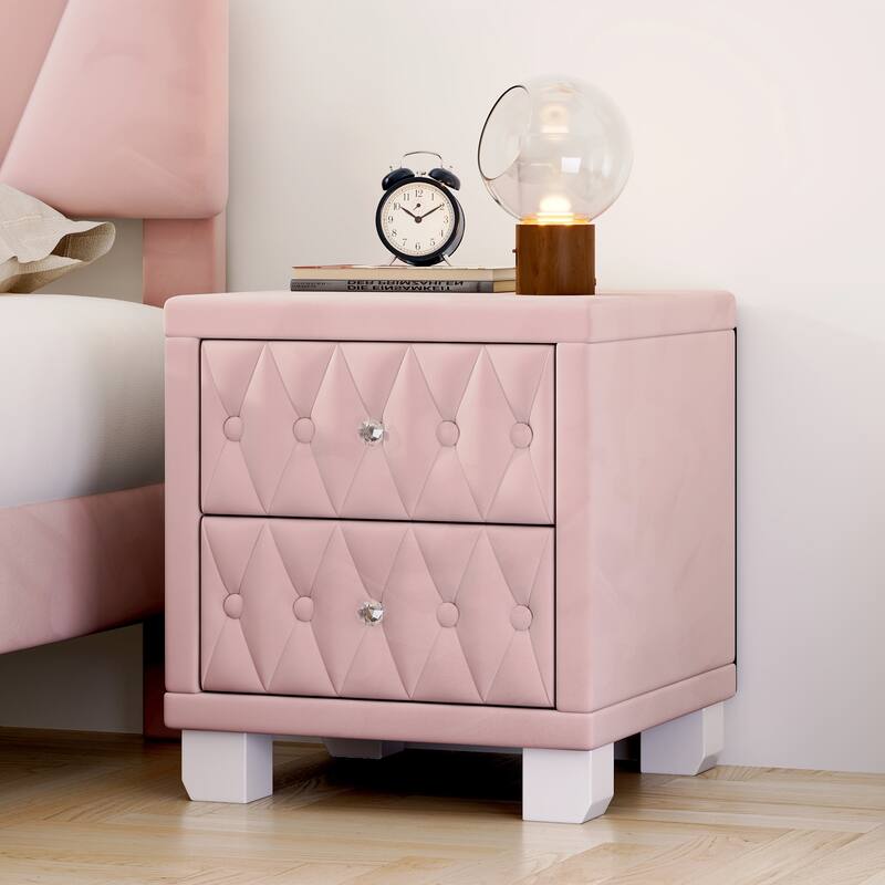 Elegant Velvet Nightstand with 2 Drawers, Crystal Handles, and Button-Tufted Design