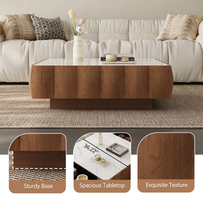 36" Mid-Century Modern Coffee Table - Curved Edge Sintered Stone & Solid Wood Veneer Frame with Hidden Storage Drawer