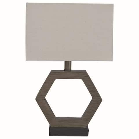 Hexagonal Wooden Base Table Lamp with rectangular Shade, Brown and Gray - 18.88 H x 7 W x 12 L Inches