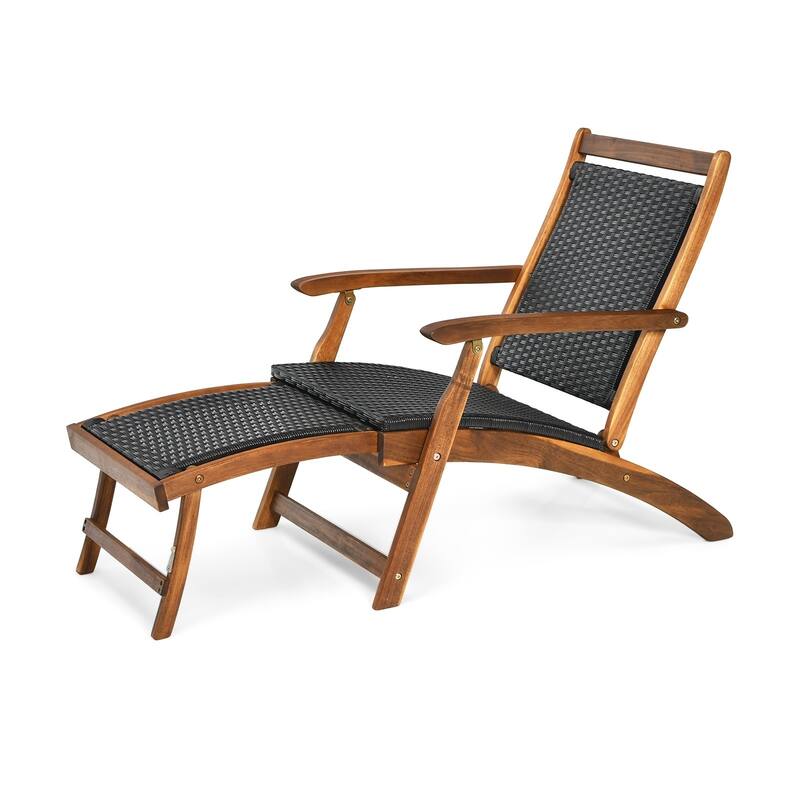 Patio Rattan Folding Lounge Chair with Acacia Wooden Frame Retractable Footrest - 24" x 51.5" x 32.5"(L x W x H)