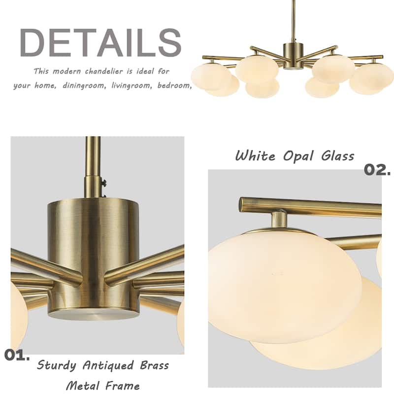 8-Light 32'' Mid Century Modern Opal Glass Chandelier Classic Globe Pendant Light For Dining Room Living Room - W32''