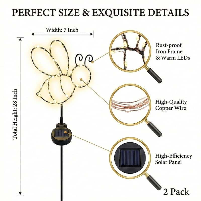 Outdoor Solar Powered Led Decorative Garden Stake Light - 2 Pack White Bee - 2 Pack