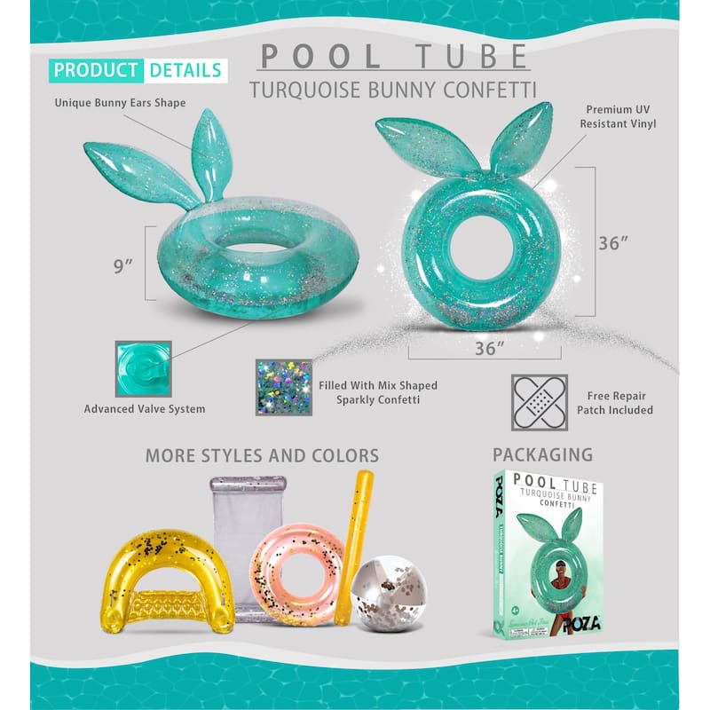 POZA Inflatable Bunny Pool Float Tube with Sparkle Silver Confetti - 36 Inch