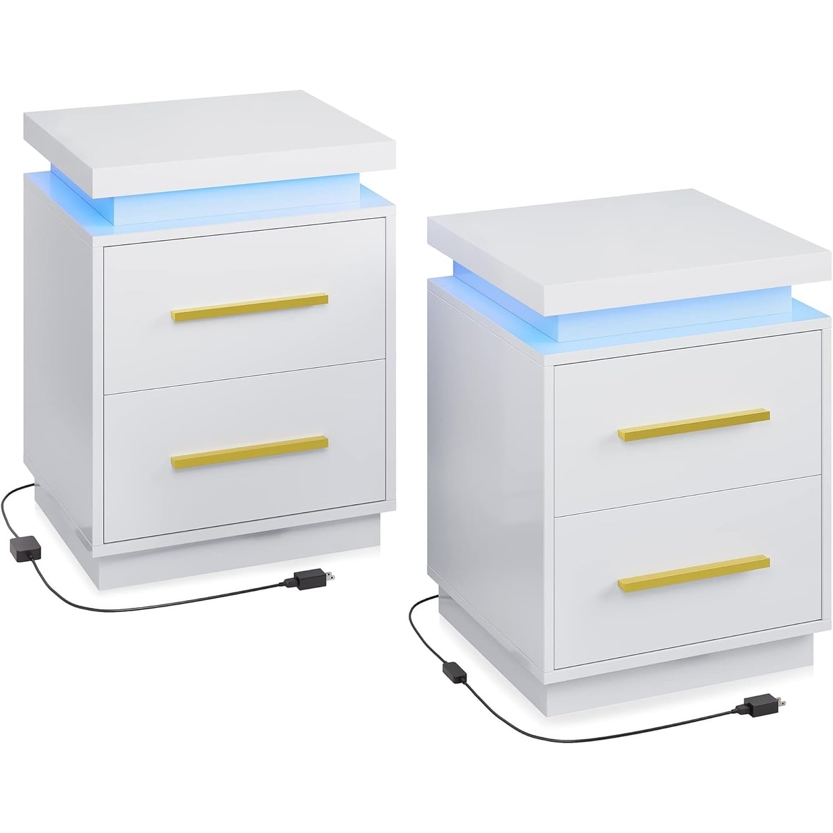 Set of 2 LED Nightstands with Drawers, Remote Control, and Gold Metal Handles, High Gloss White