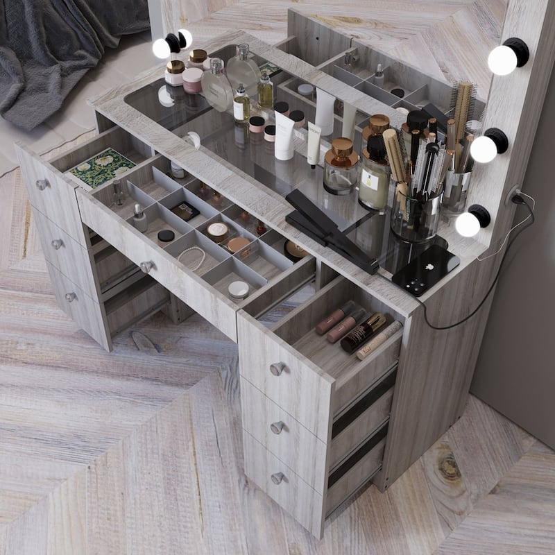 Modern White Makeup Vanity Desk with 13 Dimmable Lights, Glass Top, USB-A & USB-C, 7 Drawers, Hair Dryer Holder, and Stool