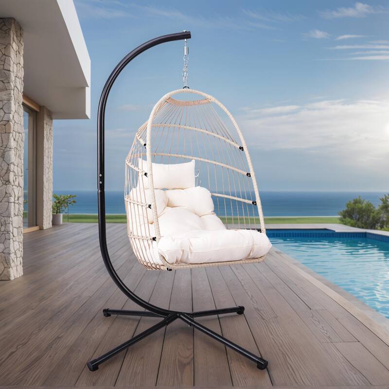 Outdoor Egg Hanging Chair, Swing Chair with Stand & Aluminum-Steel Frame, Patio Rattan Wicker Hanging Swing Egg Chair - Light Gray+Off White