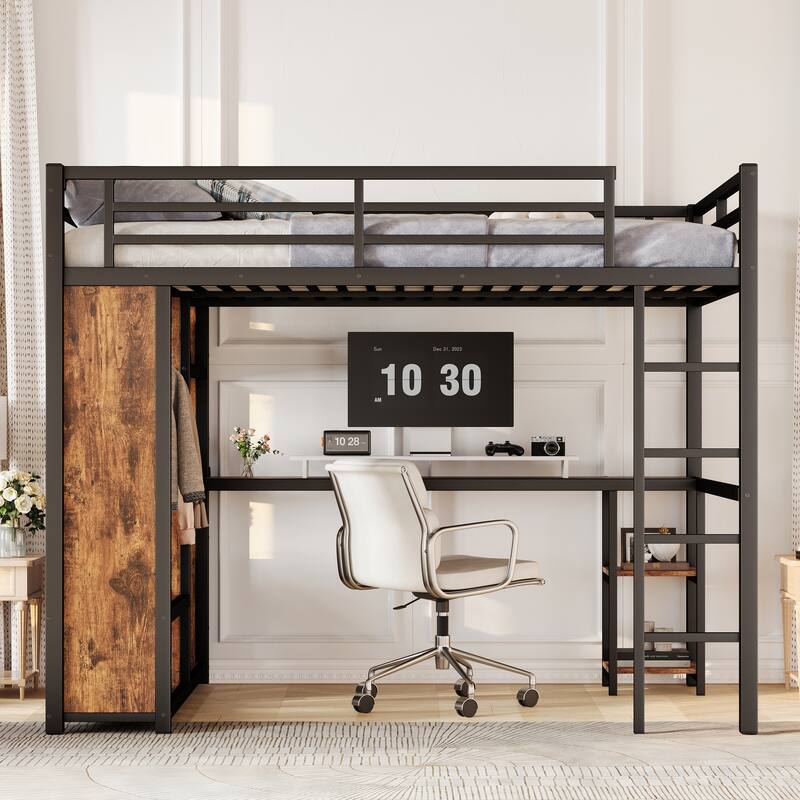 Queen Size Metal Loft Bed with Wardrobe, Desk, and Storage Shelves