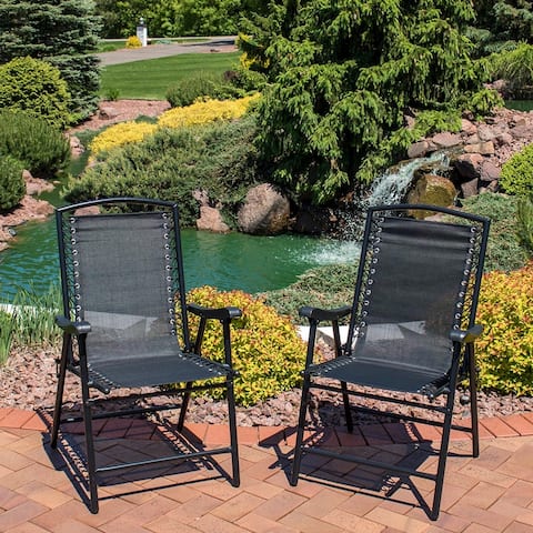 Sunnydaze Set of 2 - Black Mesh Outdoor Suspension Folding Patio Lounge Chairs