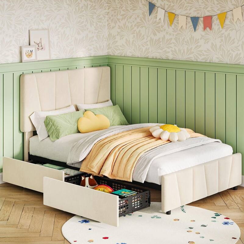 Platform Bed Frame with 4 Storage Drawers and Headboard