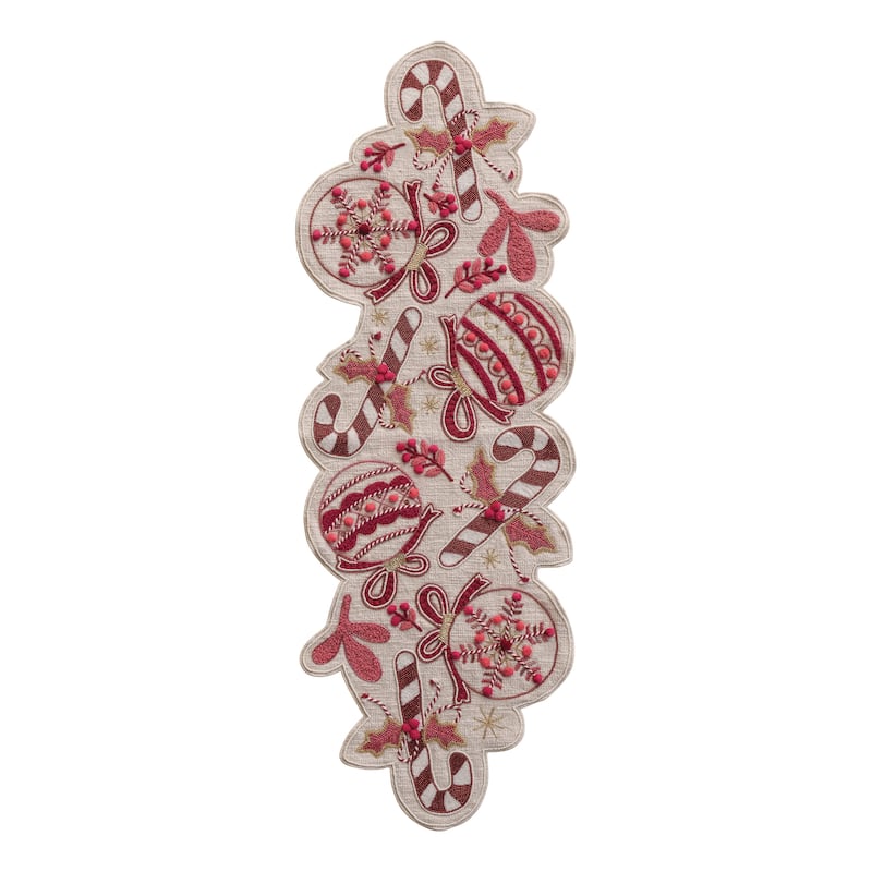 Hand-Embroidered Slub Printed Table Runner with Applique, Ornaments, Candy Canes, Beads and Pom Poms - Pink;Red;White