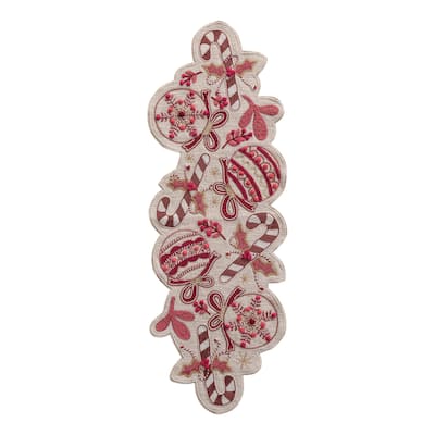 Hand-Embroidered Slub Printed Table Runner with Applique, Ornaments, Candy Canes, Beads and Pom Poms