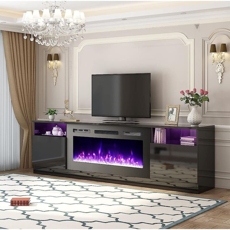 Electric Fireplace TV Stand with LED Lights, Wood Media Console with Remote Control for Living Room