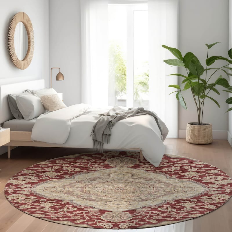 Machine Washable Indoor/ Outdoor Traditional Medallion Chantille Rug - Garnet - 8' x 8'