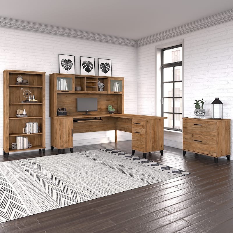 Somerset 72W L Shaped Desk with Hutch, Cabinet and Bookcase in Gray - Fresh Walnut