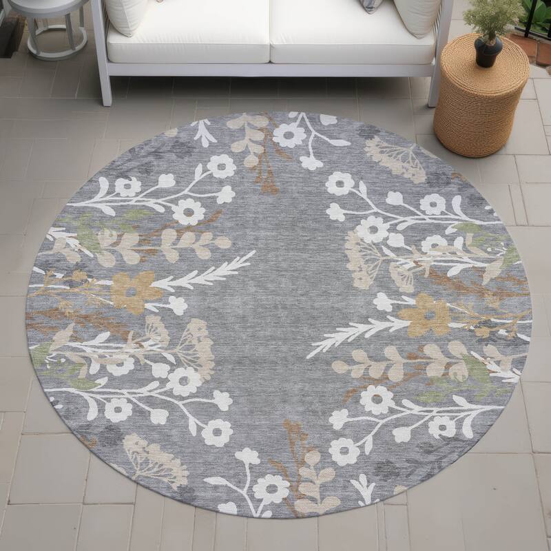 Machine Washable Indoor/ Outdoor Floral Border Chantille Rug - Gray - 8' x 8'