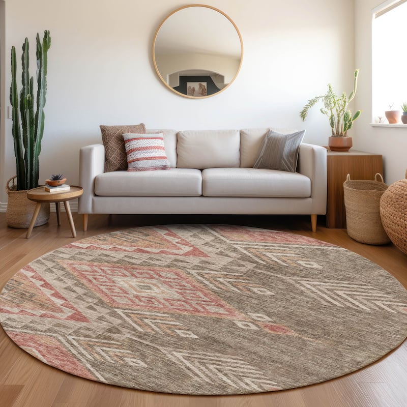 Machine Washable Indoor/ Outdoor Boho Tribal Chantille Rug - Brown - 8' x 8'
