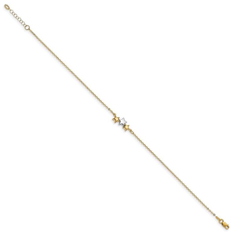Curata 14k Two tone Gold 9.5+1" Polished Triple Star Cable Chain Anklet (Lobster-claw)
