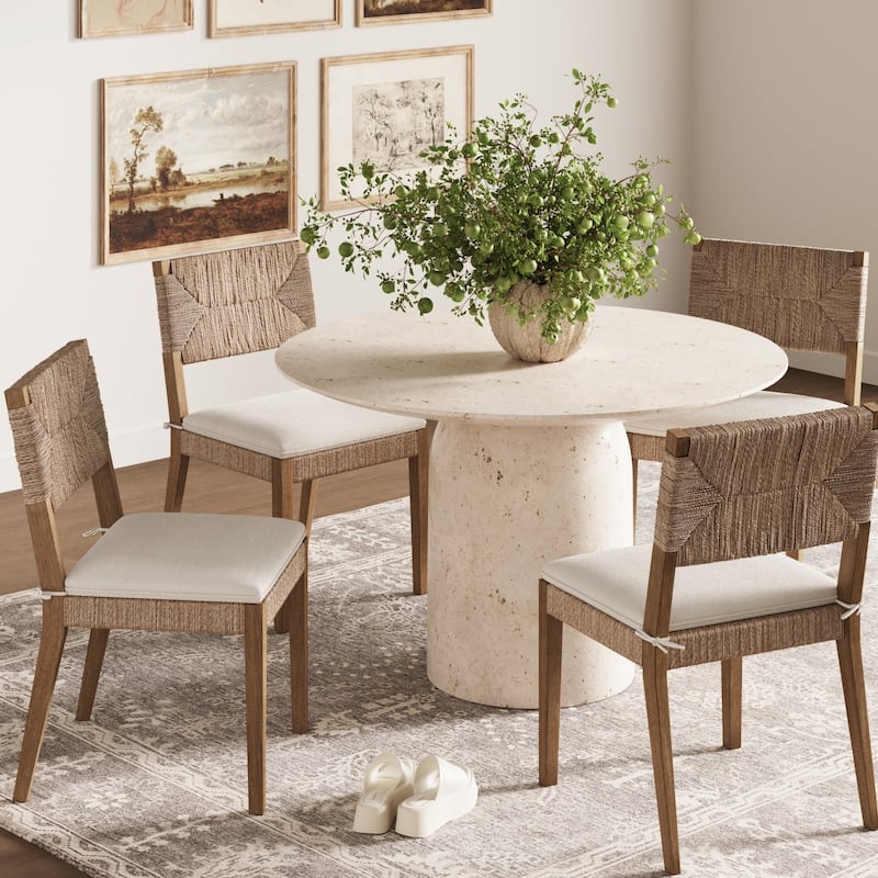 Beacon Boho Dining Chair with Boucle Seat, Seagrass Accent and Solid Wood Legs - Set of 4