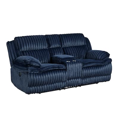 Rexy Manual Dual Recliner Loveseat with Console, Blue Corduroy 85 Inch