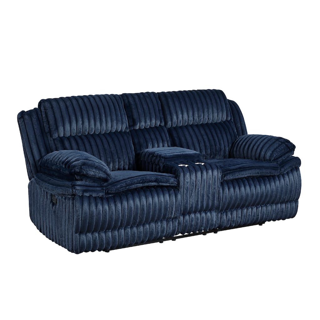 Rexy Manual Dual Recliner Loveseat with Console, Blue Corduroy 85 Inch