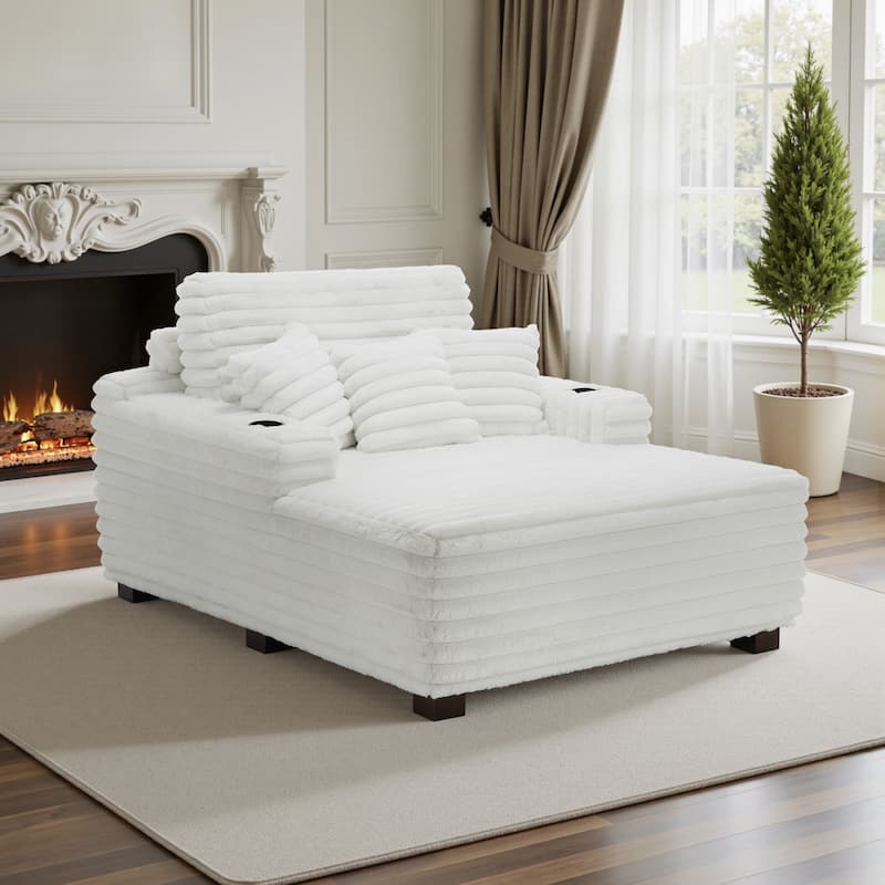 Indoor Oversized Plush Chaise Lounge with Pillows and Cup Holder - Beige