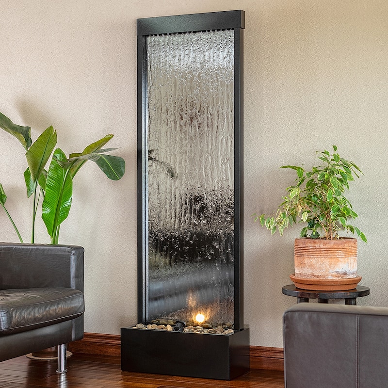 Alpine Corporation 72" Zen Mirror Waterfall Fountain with LED Lights and Stones - Silver