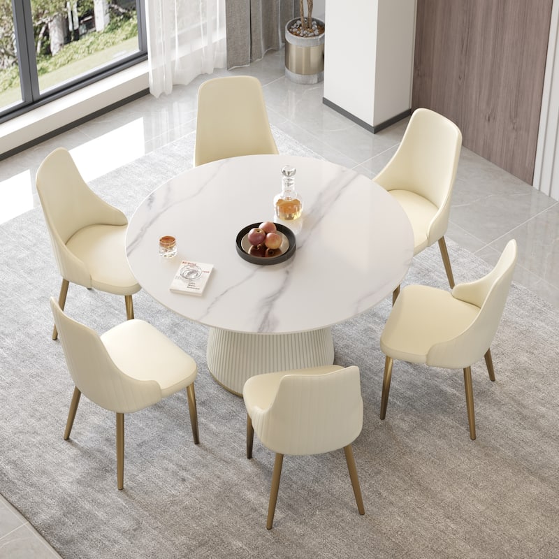 Round PU Pedestal Dining Table Faux Marble Dining Table - 53" - White