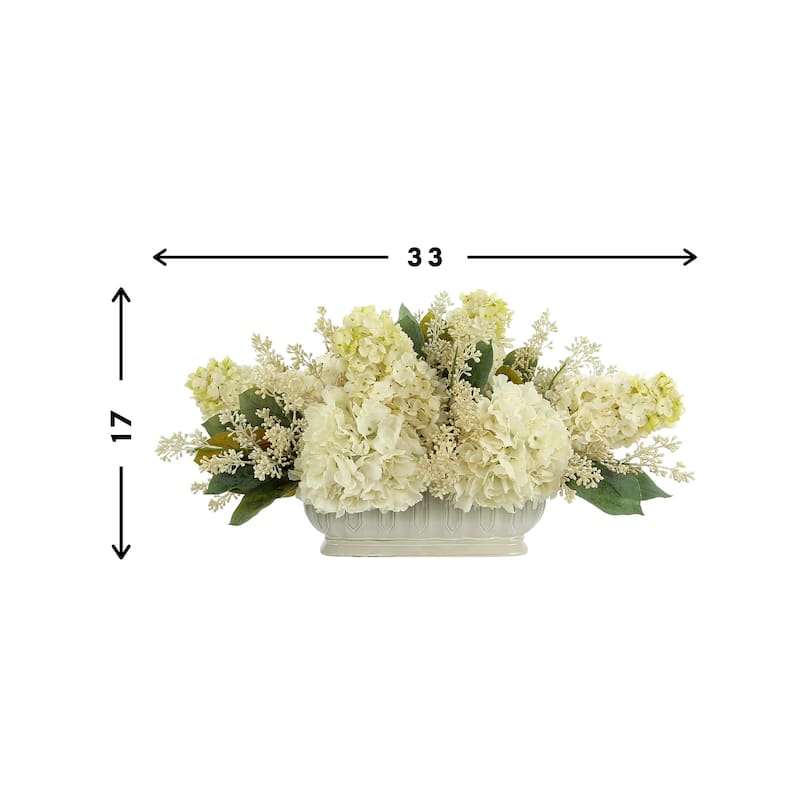 Assorted Hydrangea and Seeded Eucalyptus Arrangement in Oblong Ceramic Planter - Cream, White