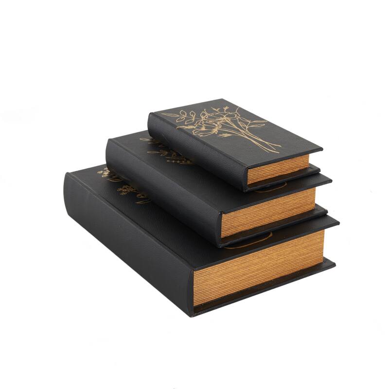 Black Faux Leather Faux Book Storage Floral Decorative Box with Gold Accents (Set of 3)