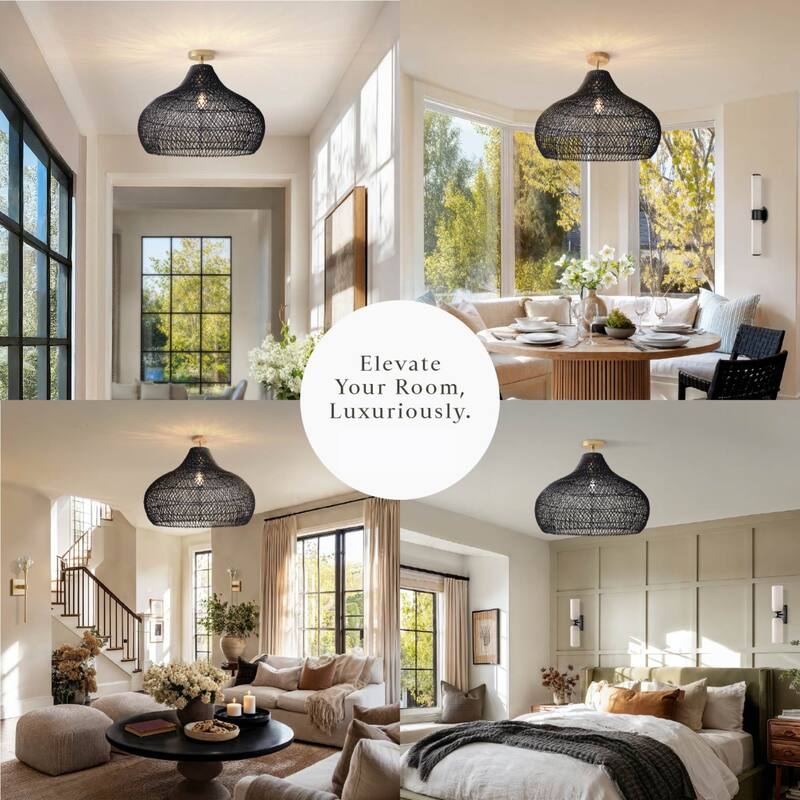 Latigo Rattan Flush Mount - Rattan Black 1-Light Handwoven Ceiling Light for Bedroom or Dining Room in Farmhouse, Country Style