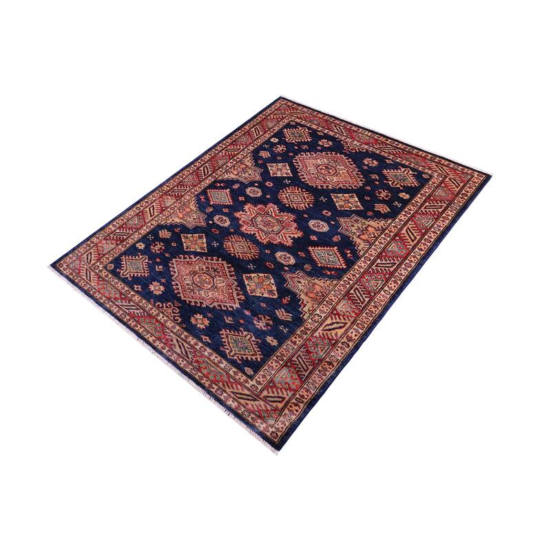 Caucasian Super Kazak Calliope Blue/Gold Hand Knotted Wool Rug - 4'1'' x 5'9''