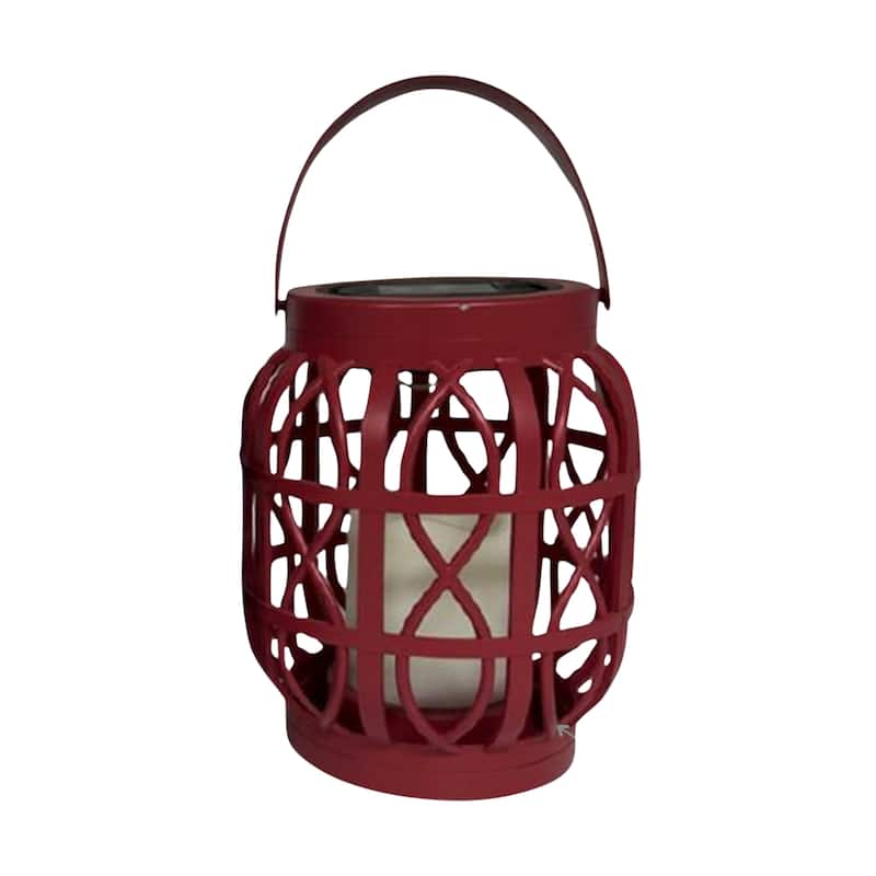 LED Solar Basket Weave Lantern With Faux Candle Red