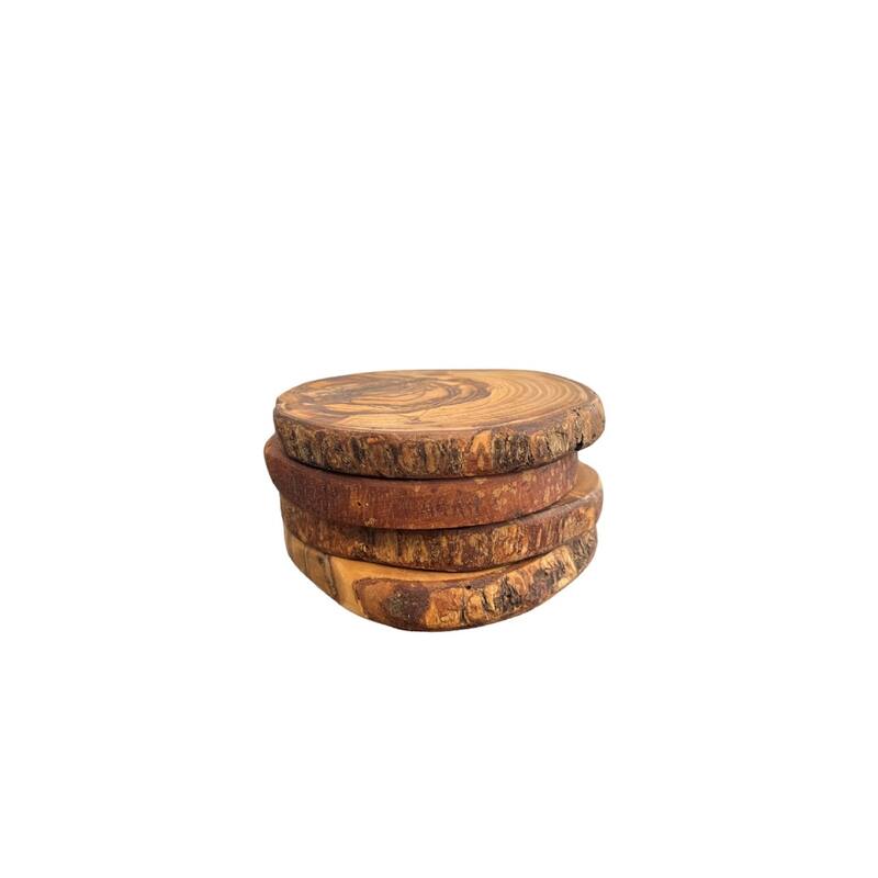 Set of 4 Olive Wood Coasters Dia 3.9" - Natural