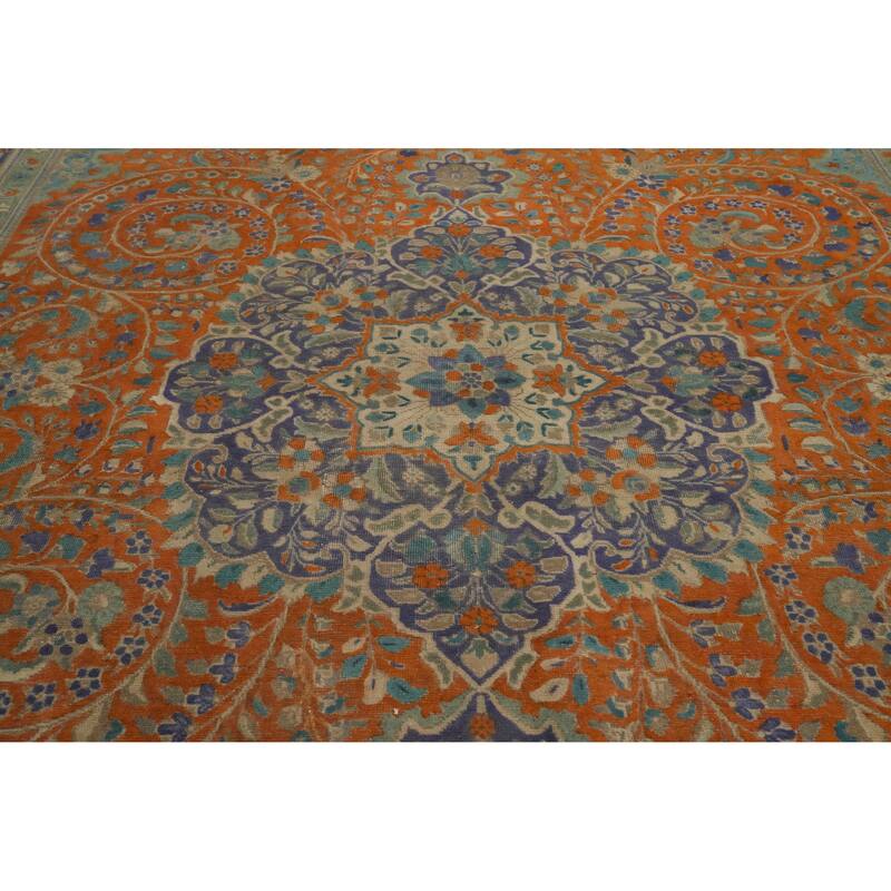 Hand Knotted Oriental 100% Wool Carpet Traditional Floral Oranges & Rust Tabriz Area Rug - 13' 0'' X 9' 10''