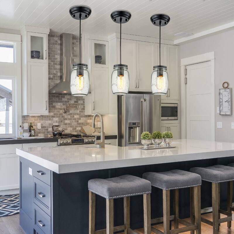 Starsky 1-light Farmhouse Matte Black Mason Jar Glass Pendant with Texture Glass