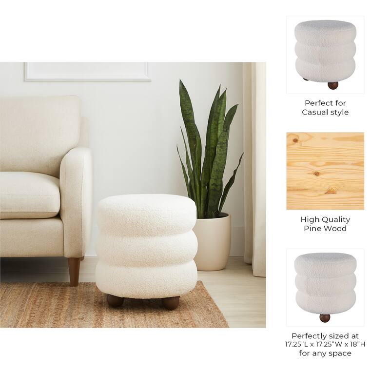Decorative Round Ottoman with Ribbed Design and Ball Feet- 18", Ivory