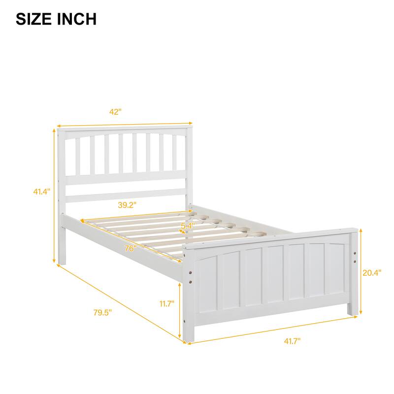 Twin Size White Wood Platform Bed with Headboard and Footboard